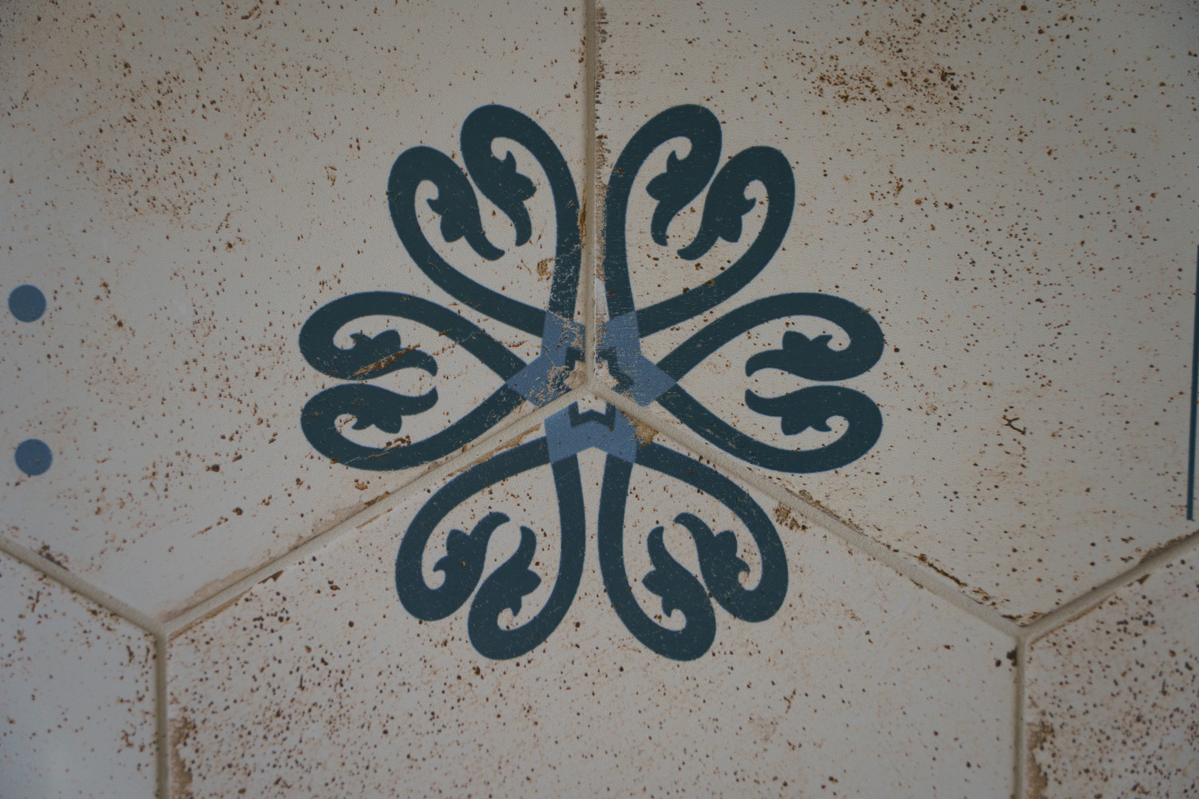 Close-up of a cement tile with a blue pattern
