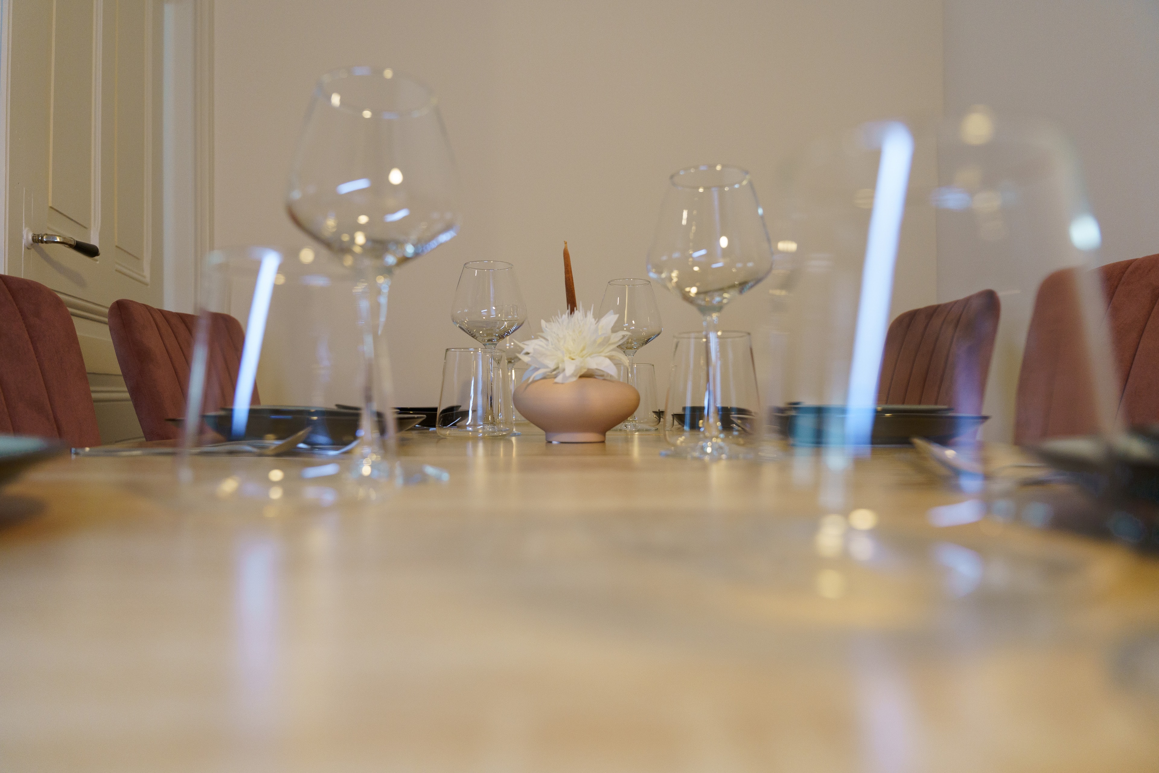 Crystal glasses on the table of the Apartment