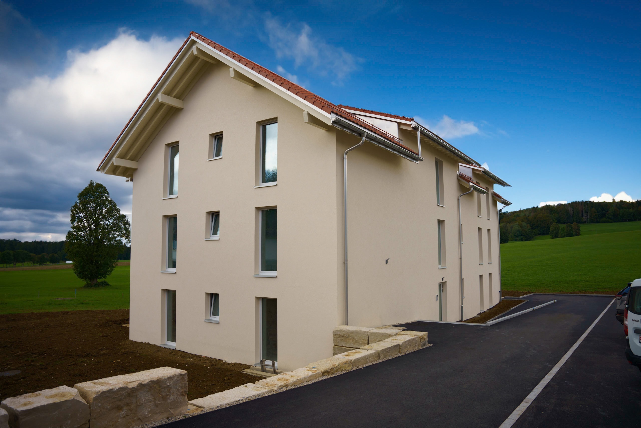New residential building under a blue sky