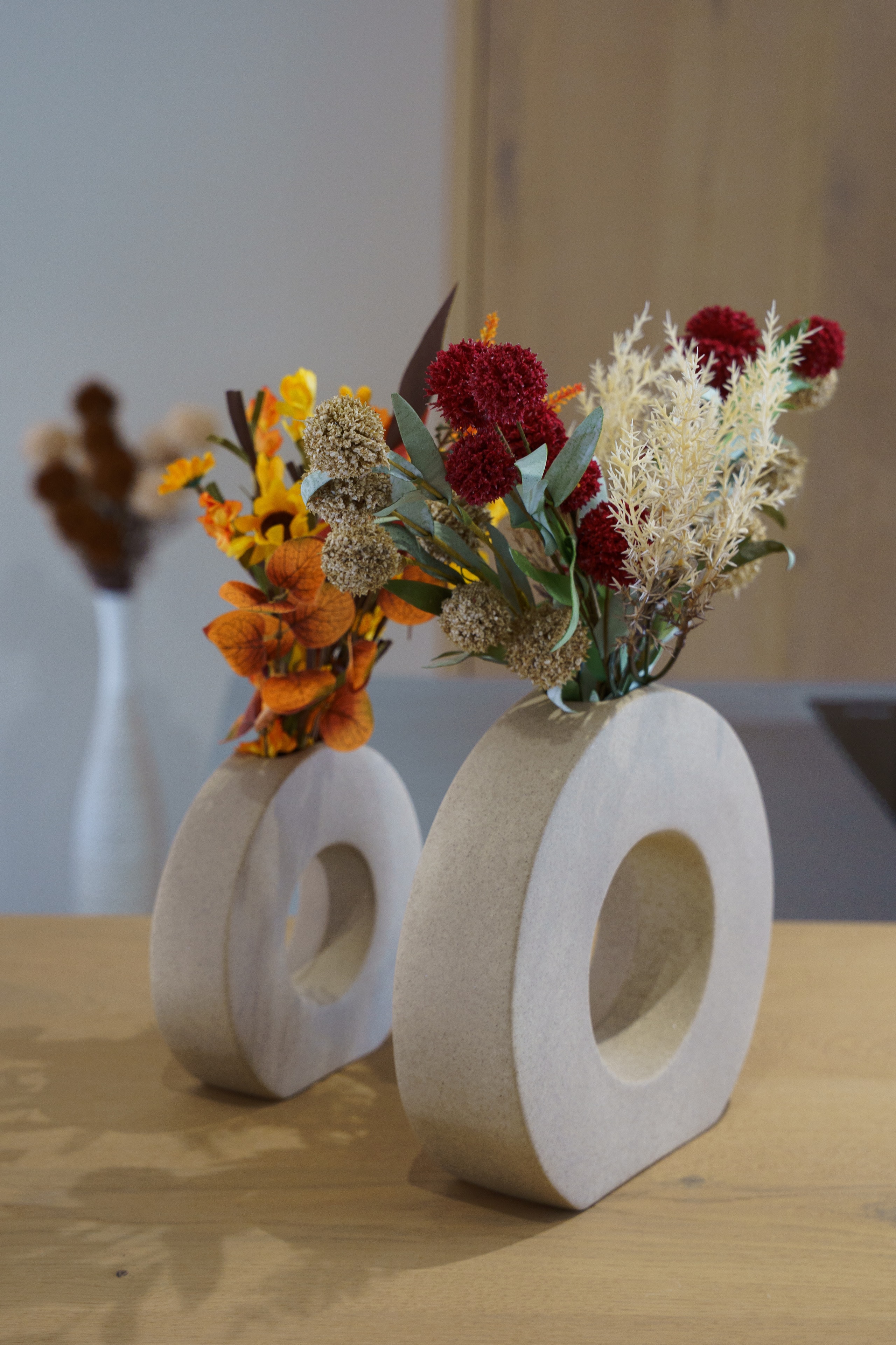 Ceramic vases and dried flower bouquets