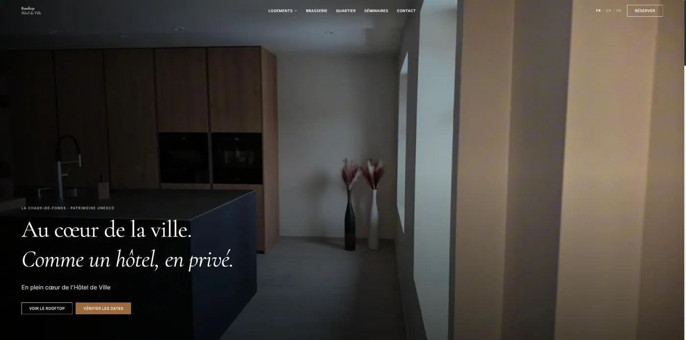 Homepage of the Rooftop Hôtel de Ville website with the ambient video
